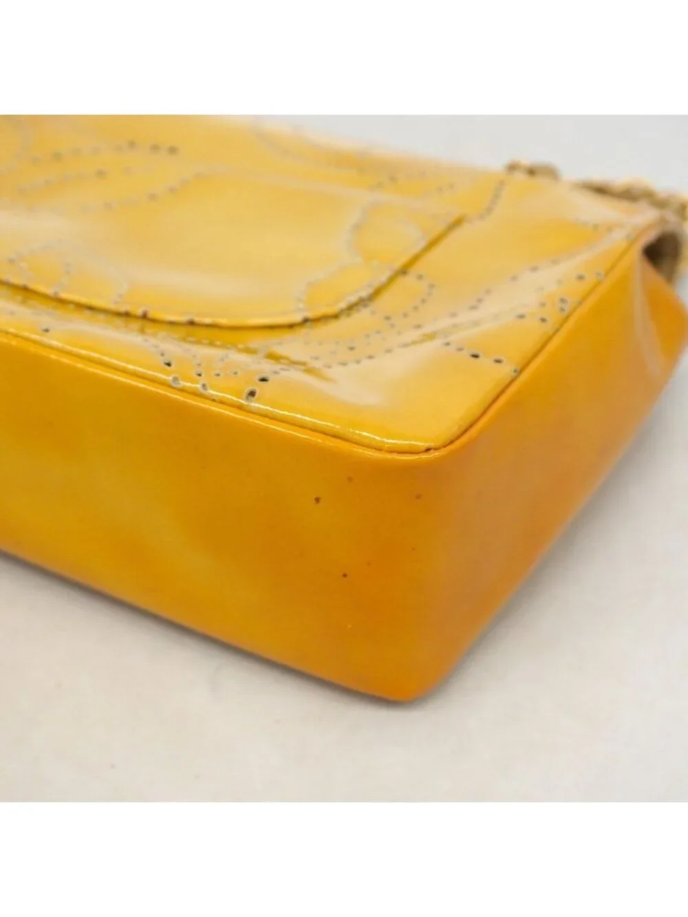 Chanel Shoulder Bag Perforated Patent Leather Yellow Gold
